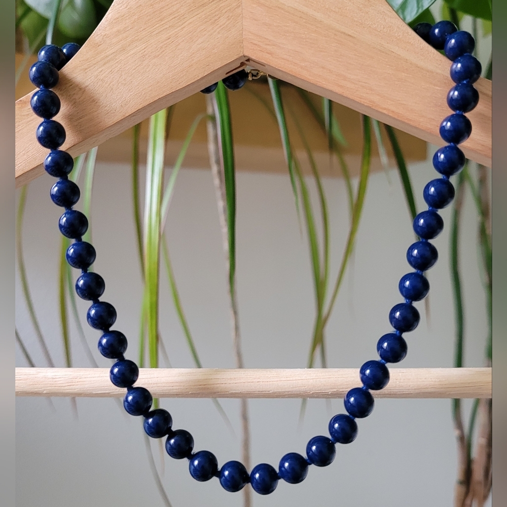 Monet Vintage 16" Navy Blue Knotted Glass Bead Necklace